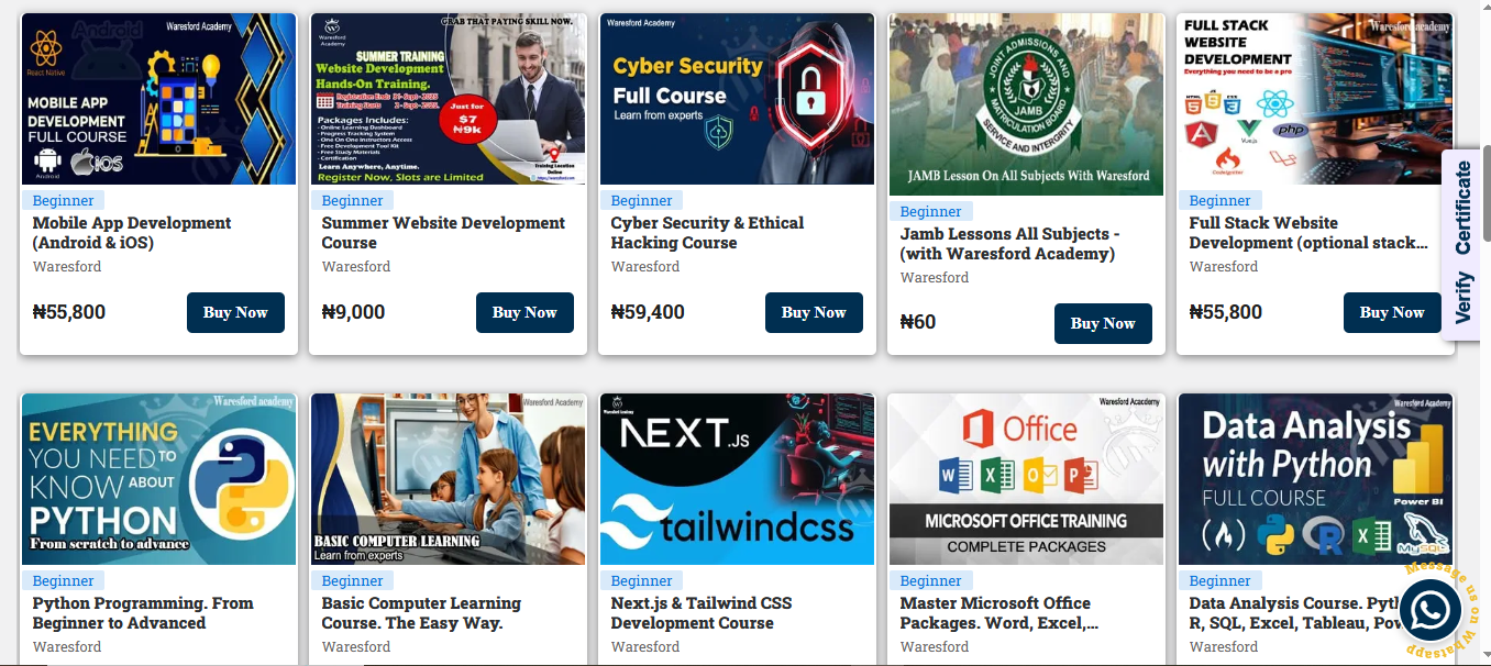 Waresford Academy - Online education platform interface